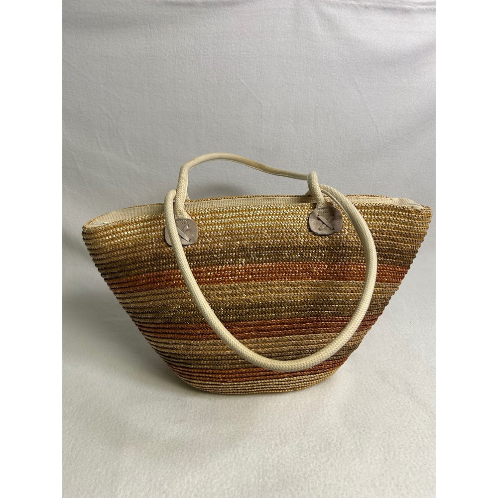 Boho Coastal Women Large Brown Striped Woven Straw Beach Tote Bag Vaction